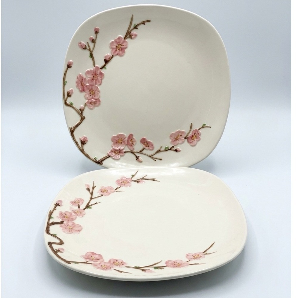 Vtg Metlox Poppytrail Dinner Plates Set 2 Cream Pink Cherry Blossom MCM 10.5in